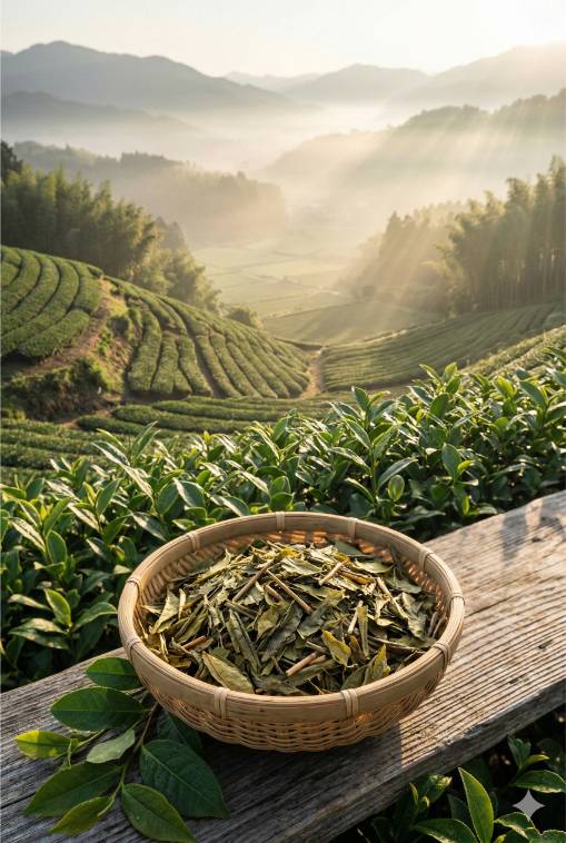 Mistige theeplantages op de steile hellingen van Alishan, Taiwan