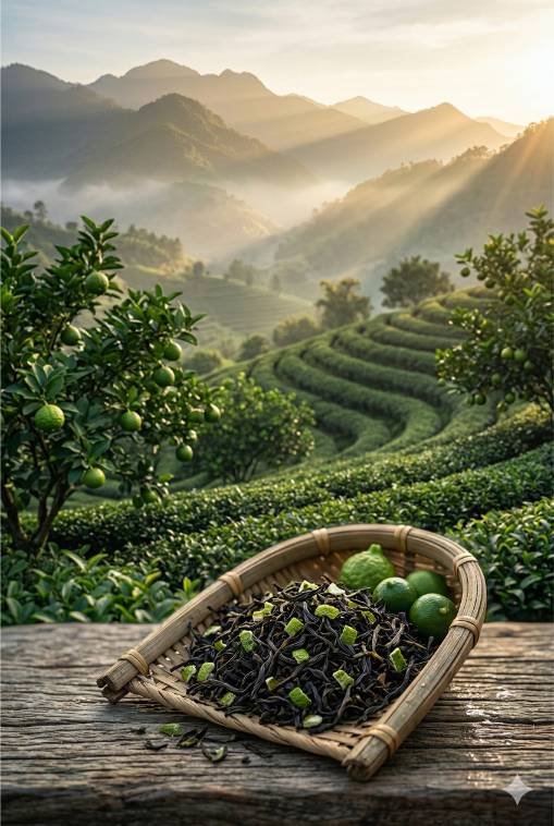 Zwarte theebladeren gemengd met bergamot