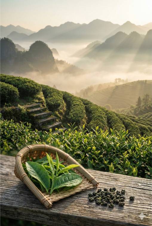 De theeheuvels van Zhejiang en strak opgerolde Gunpowder parels