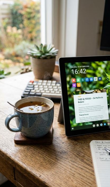 Een kop thee naast een modern digitaal scherm