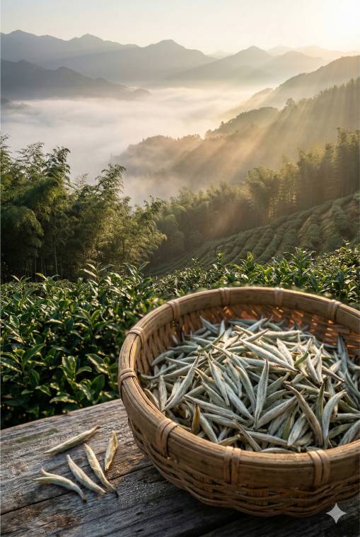 De in mist gehulde bergen van Fujian, de thuisbasis van witte thee