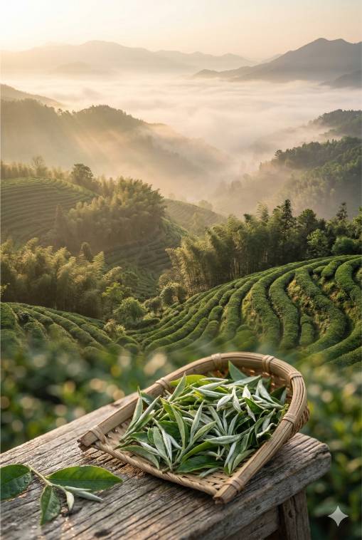 De diepgroene, naaldvormige theebladeren van Cui Min in een houten theeschaal